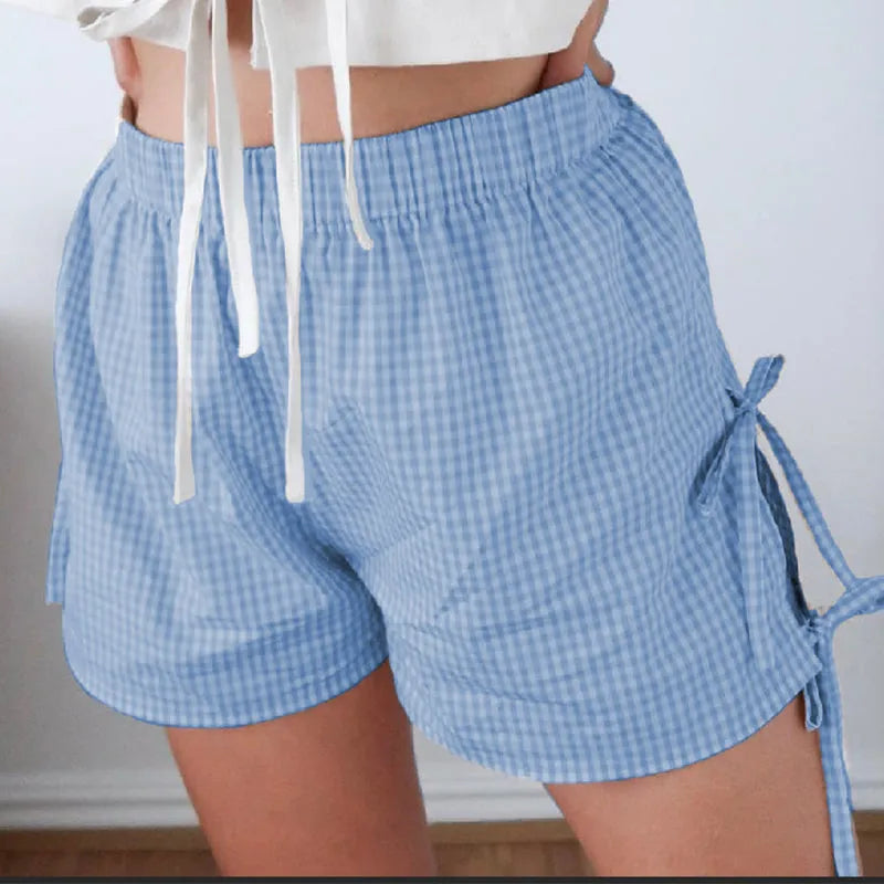 Loose plaid print shorts with lace-up design for women, Y2K summer style, elastic waistband