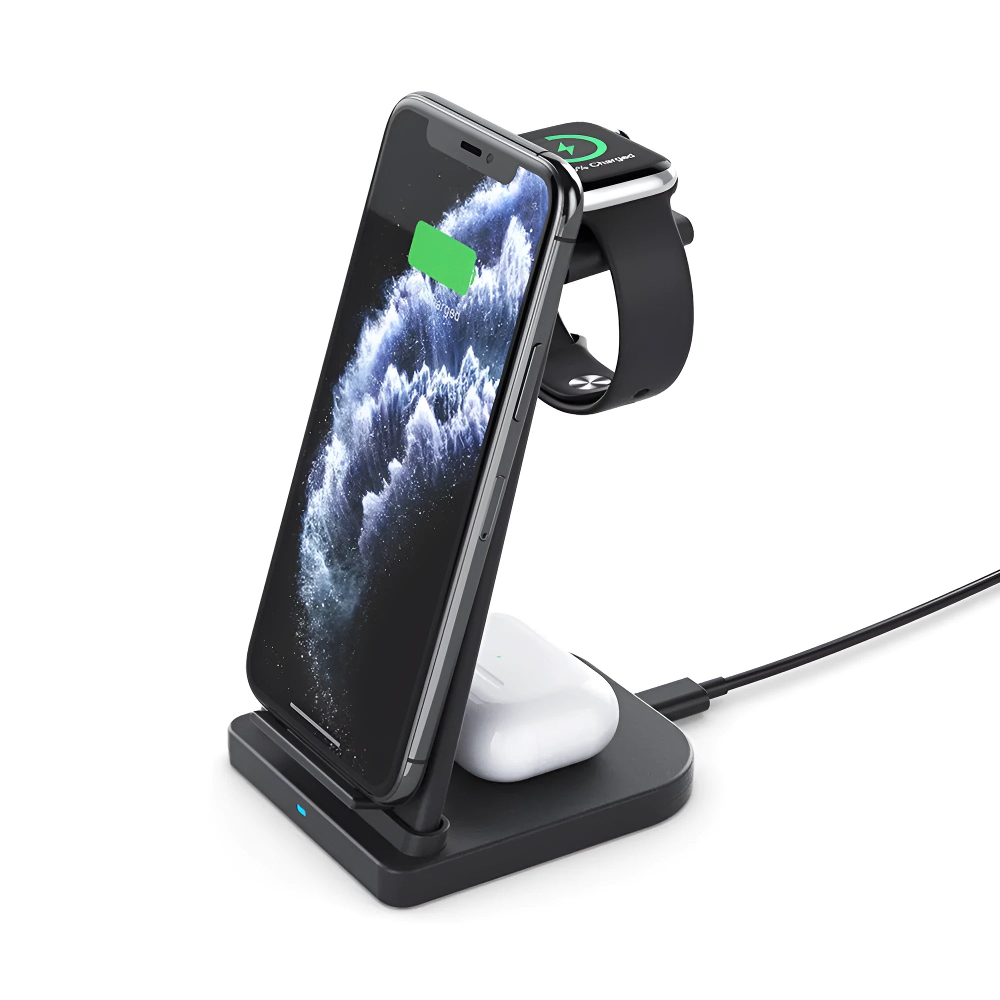Black foldable 3-in-1 wireless charger showing phone, headphones and watch charging simultaneously
