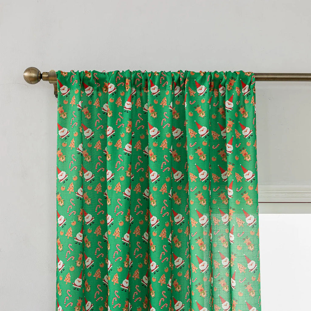 Christmas curtain with snowman and angel cartoon print in green colour, 1 metre length