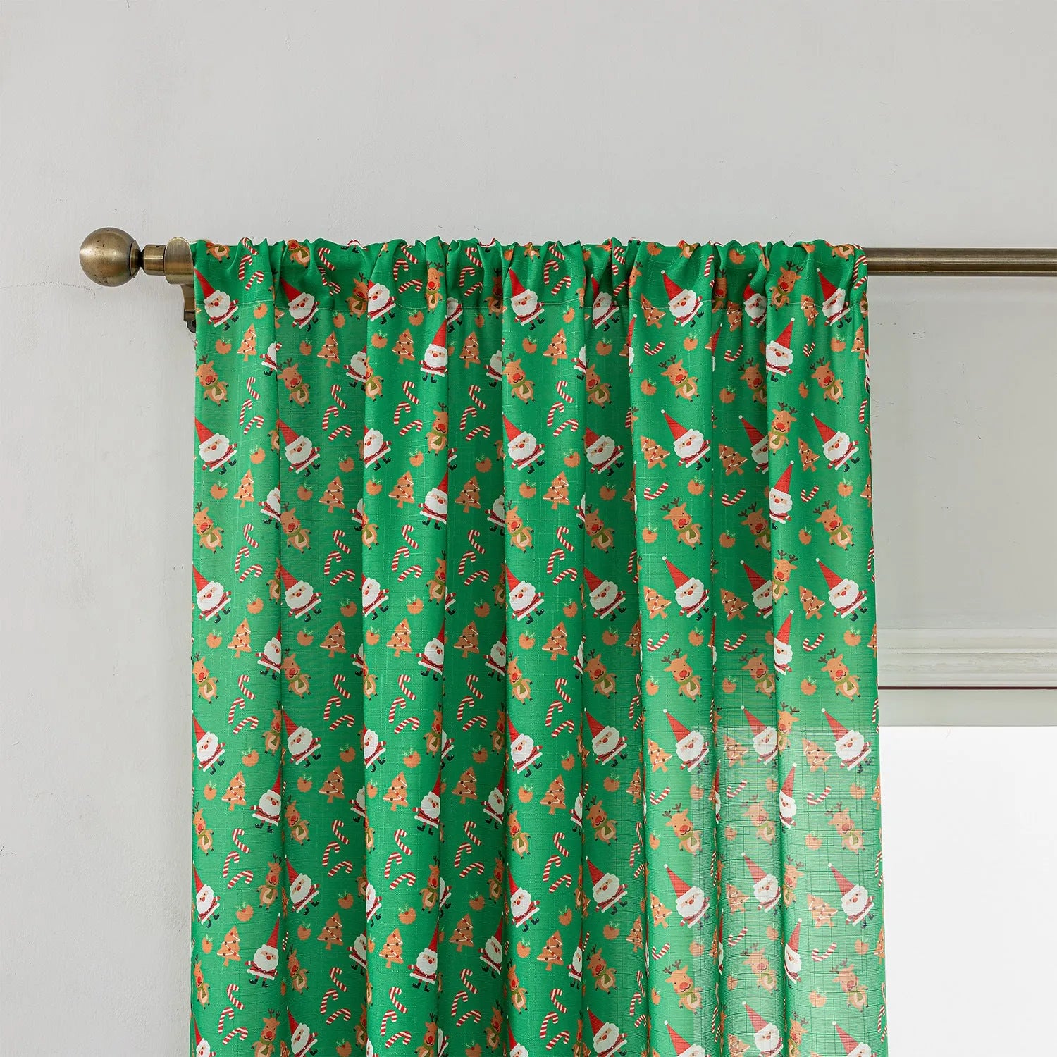 Christmas curtain with snowman and angel cartoon print in green colour, 1 metre length