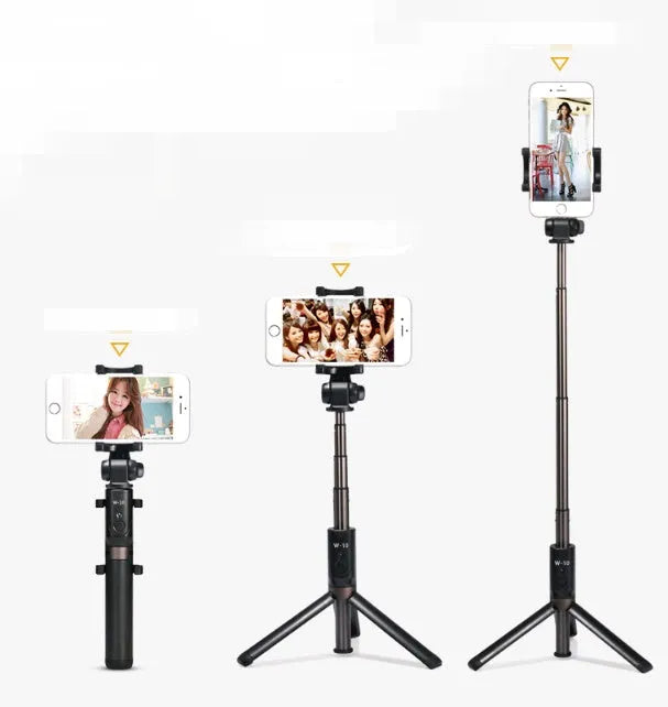 Aluminium Bluetooth selfie stick with tripod base and remote control next to a smartphone