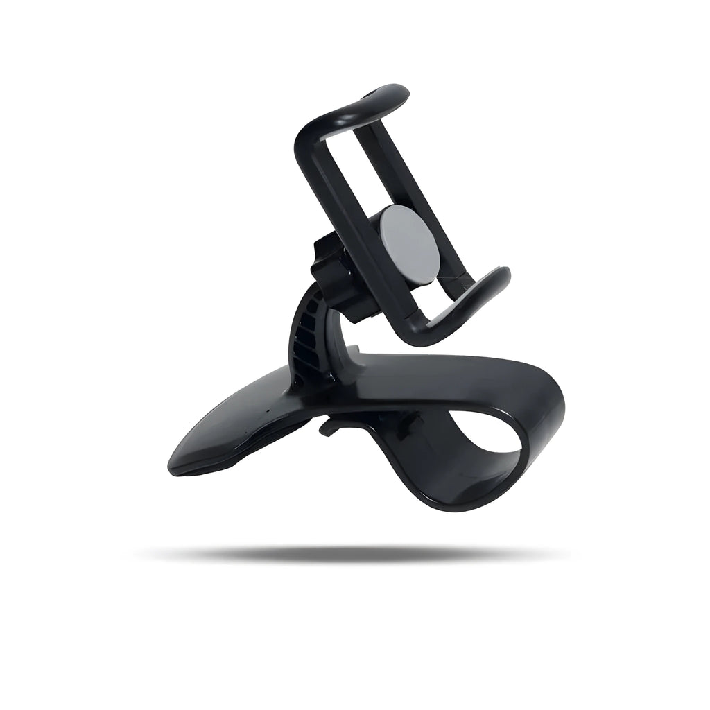 Black grey ABS plastic car pull clip phone holder with direct view, 360-degree rotation and 60-degree tilt
