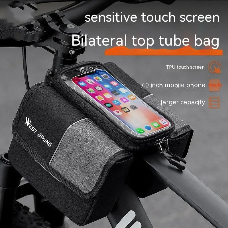 Black and grey Oxford cloth bilateral tube saddle bag mounted on bicycle handlebars.