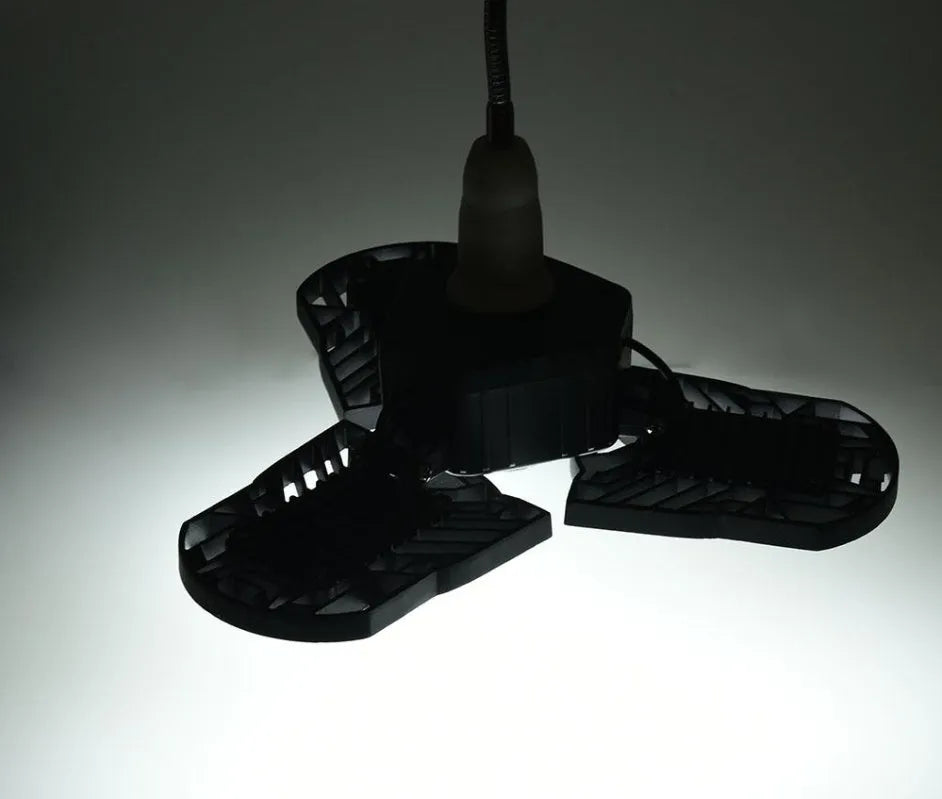 Silver 60W deformable LED garage light with adjustable heads, E27 base, and IP65 rating