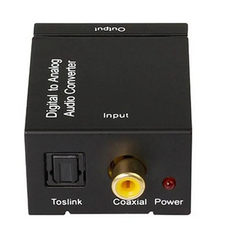 Black digital to analogue audio converter with Toslink and RCA inputs for DVD players