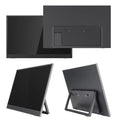 Black 15.6-inch portable USB-C monitor with adjustable stand on a desk next to a laptop