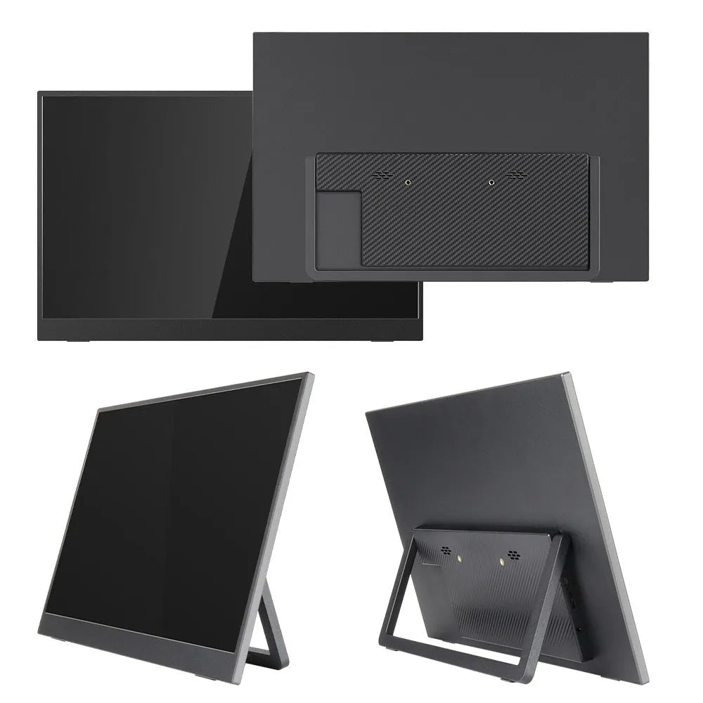 Black 15.6-inch portable USB-C monitor with adjustable stand on a desk next to a laptop