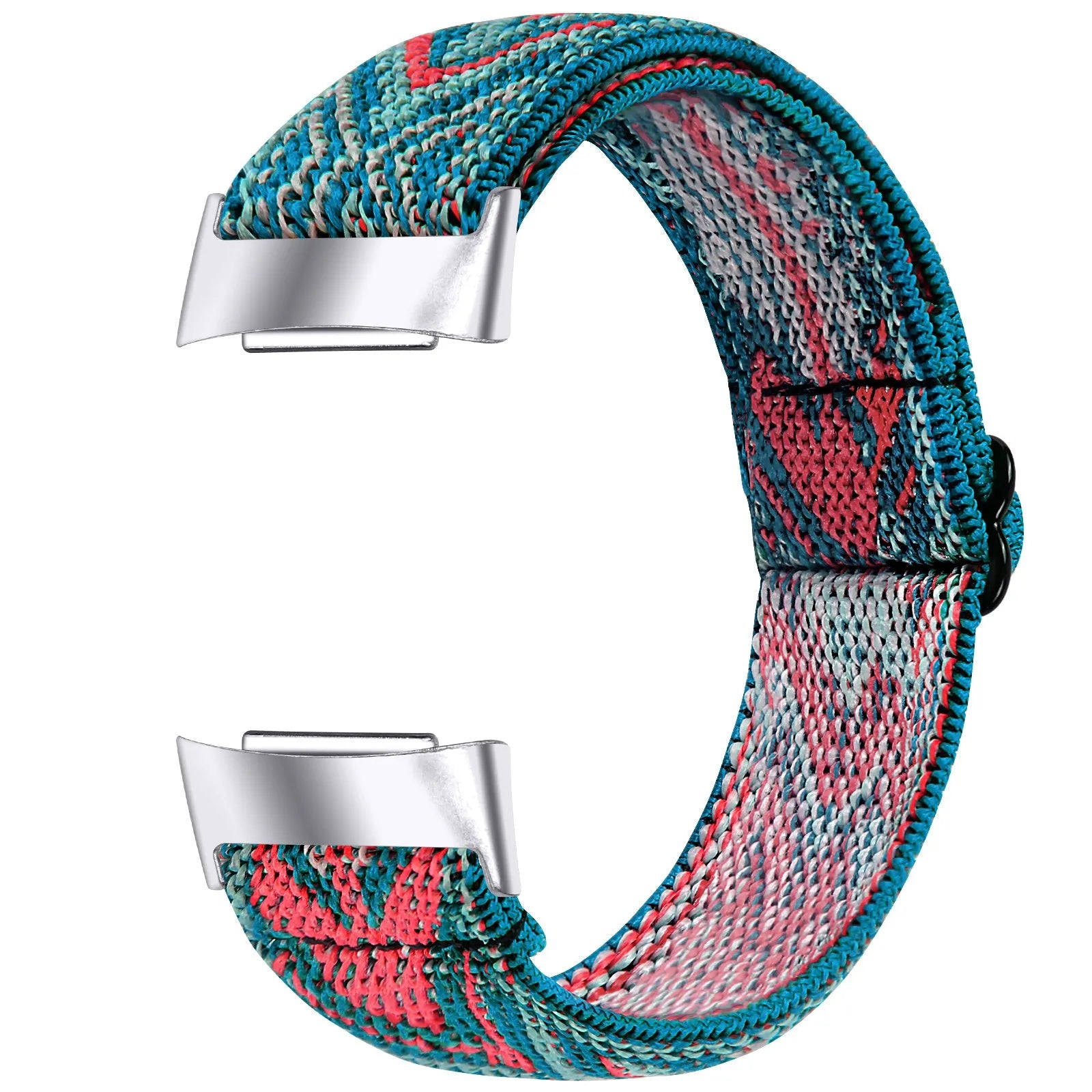 Printed elastic replacement watch strap compatible with Fitbit Charge 6, shown in an adjustable length.