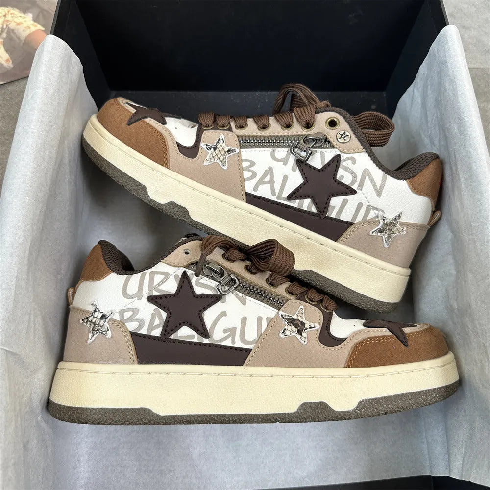 Brown candy colour low-top sneakers for women with artificial PU upper and rubber sole, round toe, lace-up closure