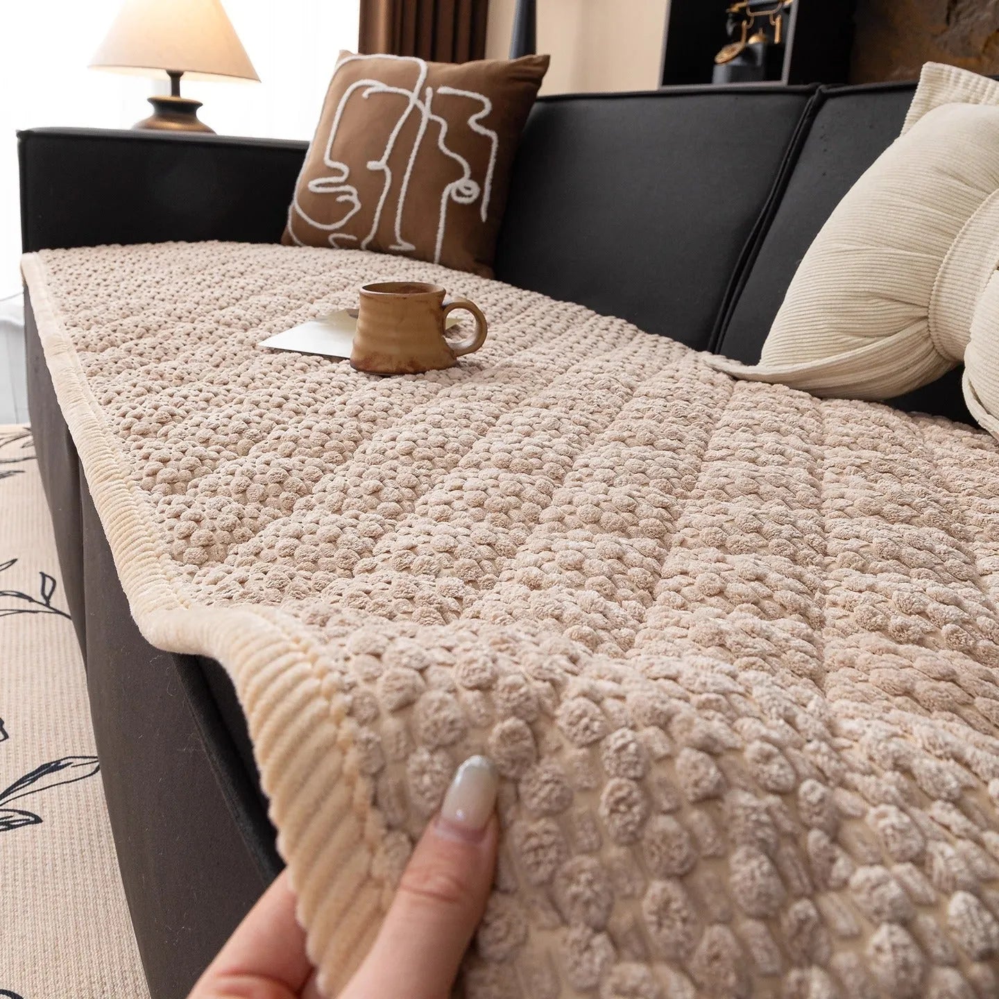 New corduroy sofa cushion in solid puff-beige colour showing textured corduroy fabric