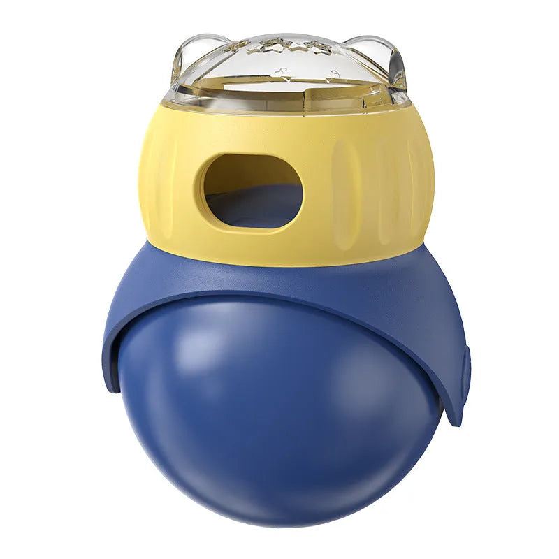 Morandi yellow and blue plastic tumbler owl puzzle cat toy for self-service feeding and mental stimulation.