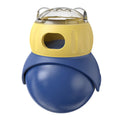 Morandi yellow and blue plastic tumbler owl puzzle cat toy for self-service feeding and mental stimulation.