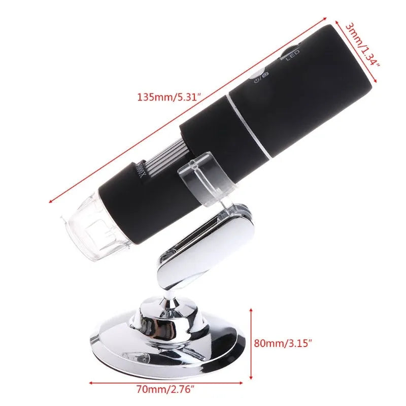 Black microscope magnifier camera phone bracket with 8 LED lights and 1.5m cable on white background