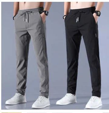 Men's drawstring trousers Korean version loose straight leg sweatpants in khaki colour on model