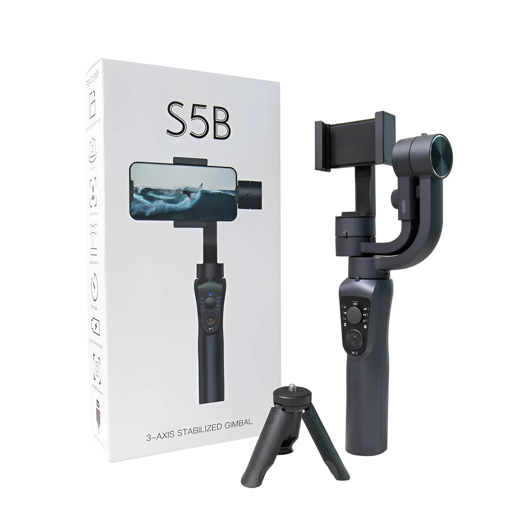 Black three-axis handheld gimbal stabiliser for mobile phone with PPA+nylon arm, ABS+PC handle, and tripod