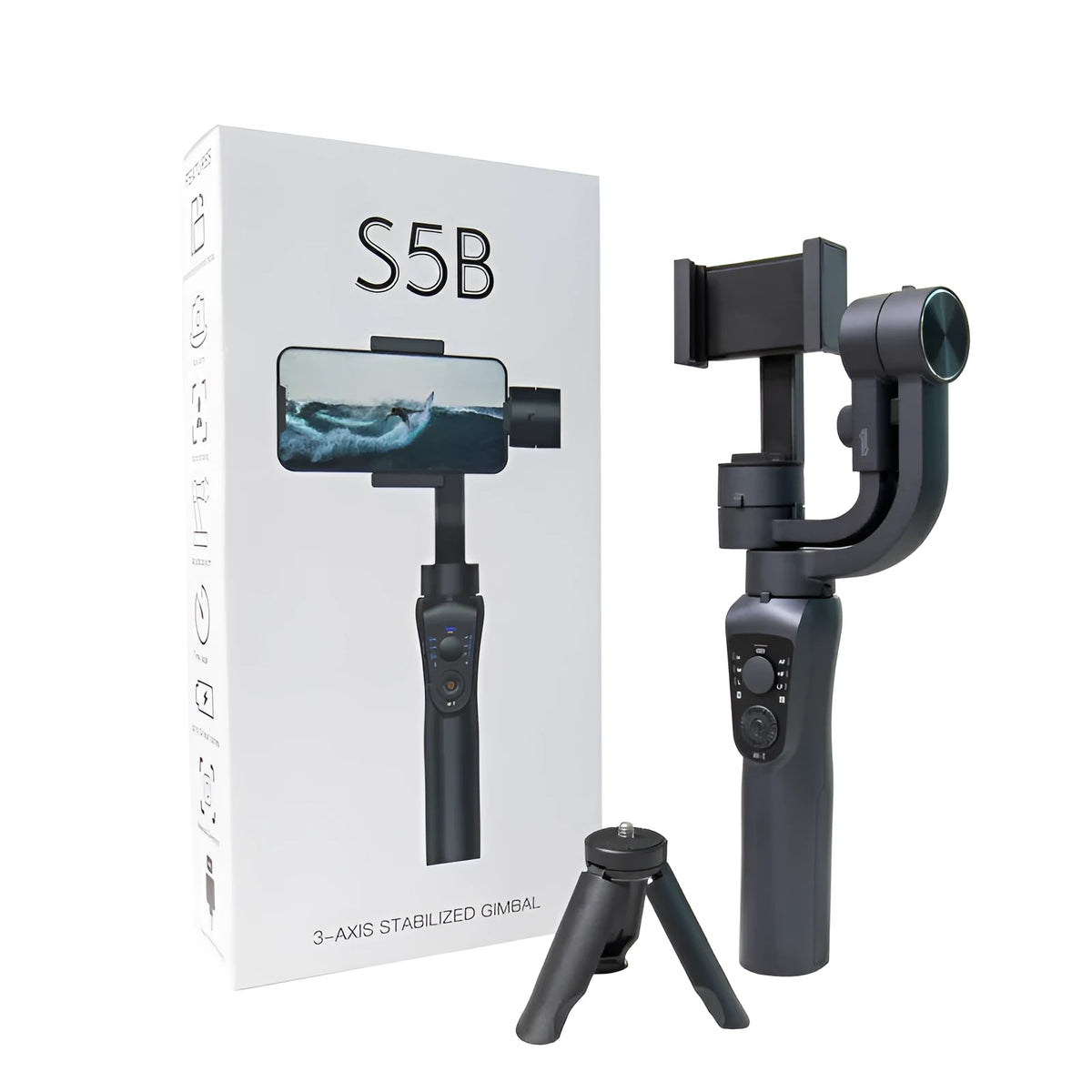 Black three-axis handheld gimbal stabiliser for mobile phone with PPA+nylon arm, ABS+PC handle, and tripod