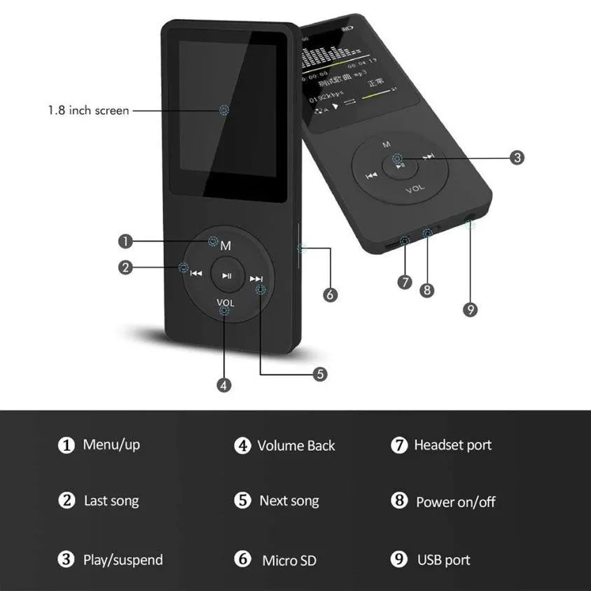 Black portable MP3 player with 1.8-inch TFT display, buttons, and TF card slot on a white background