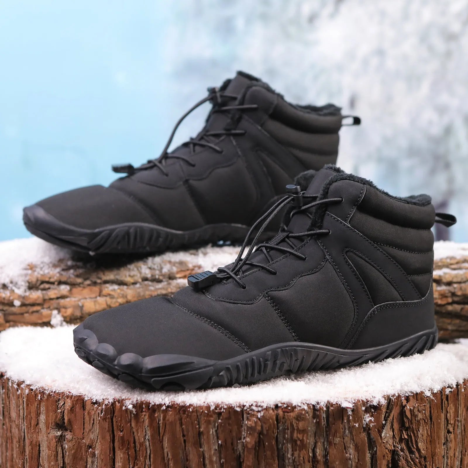Five-finger waterproof hiking snow boots with fleece lining and rubber outsole in beige, grey, black, or wine red.