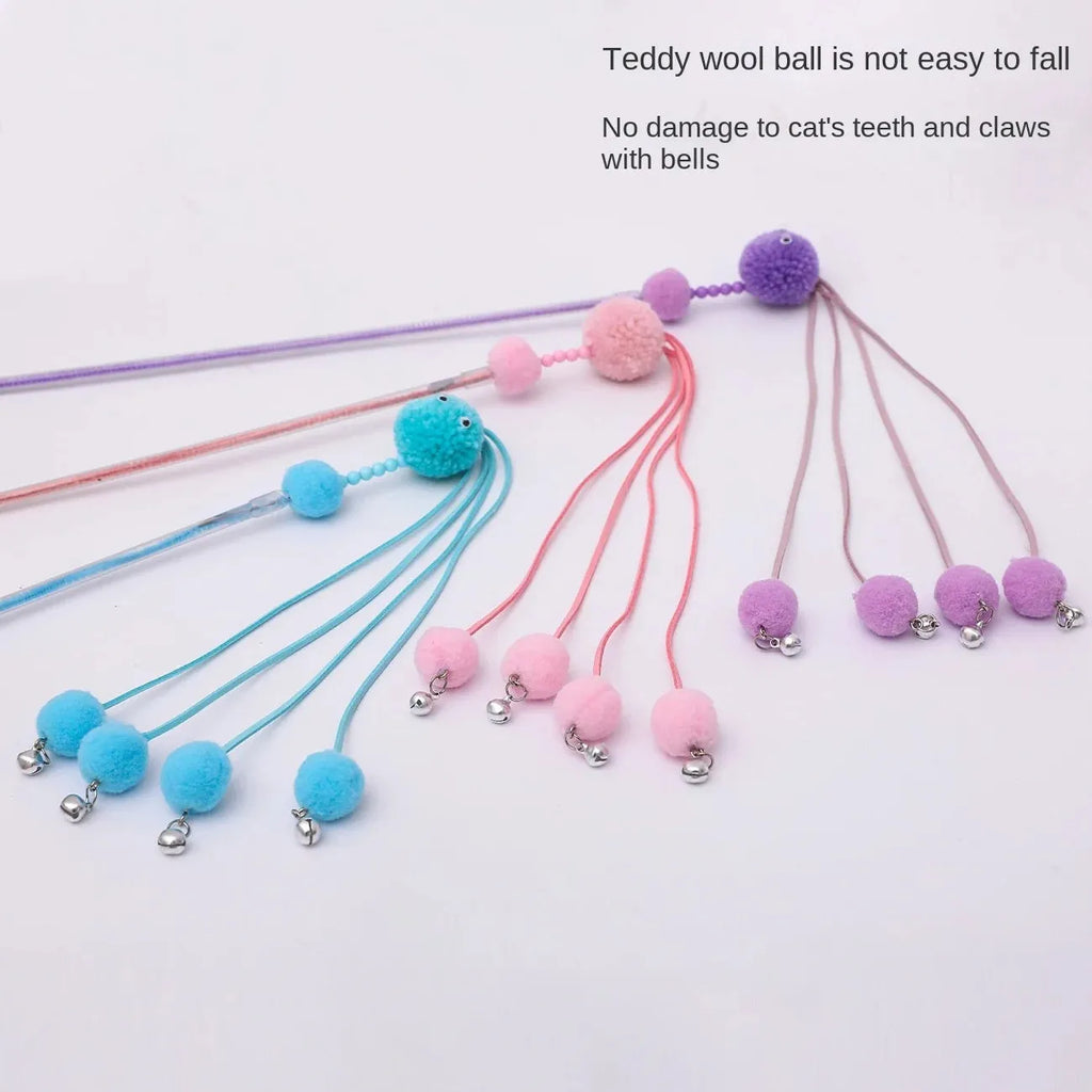 Blue cat toy stick with elastic cord and feather tassel for interactive play
