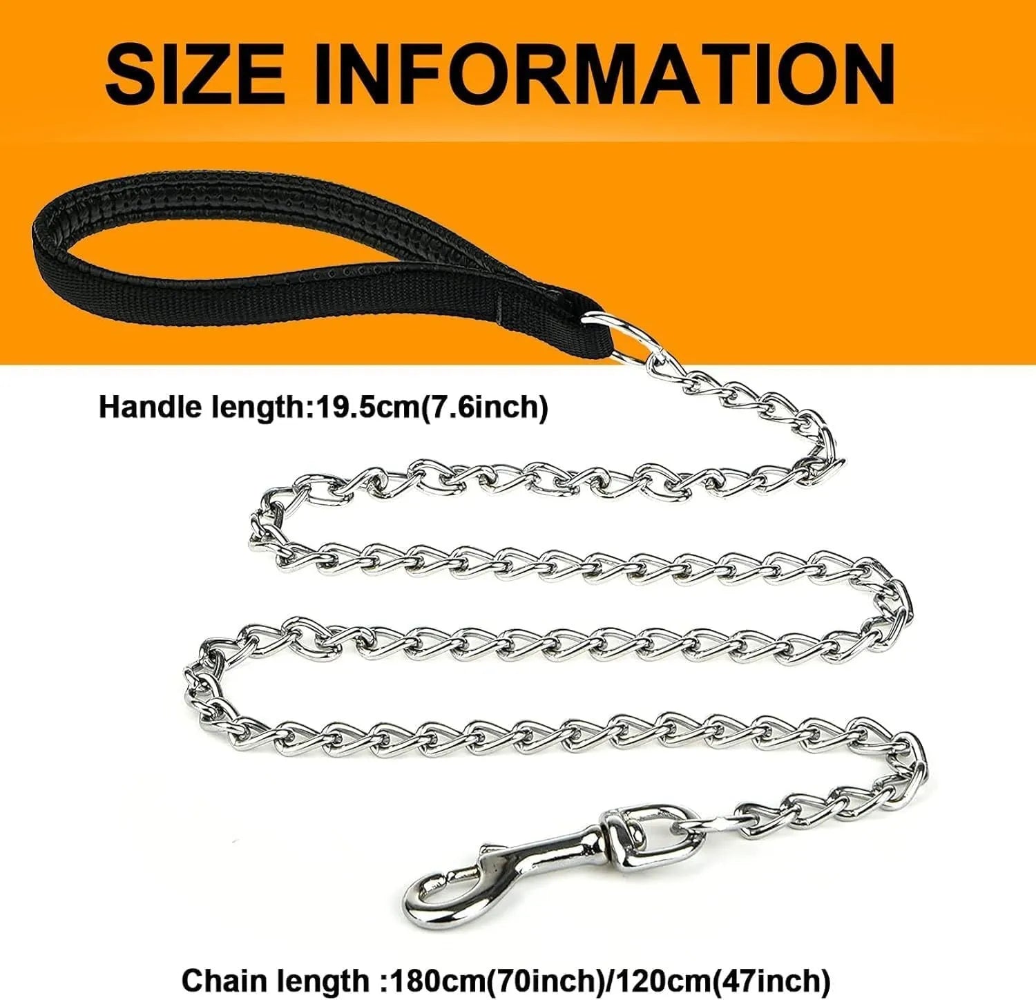Heavy duty metal dog leash with soft padded handle showing black colour option