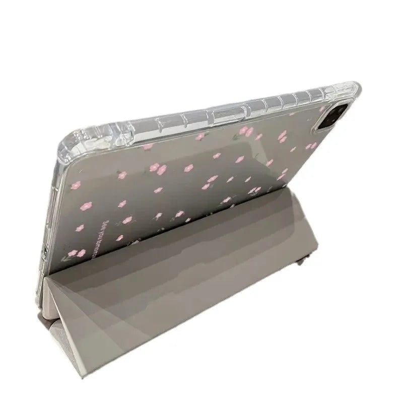 Transparent floral tri-fold protective case for Apple iPad with magnetic stand functionality