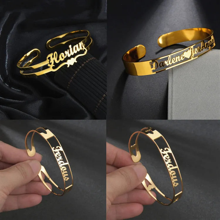 Customised name bracelet in stainless steel with silver finish and 10mm width on display