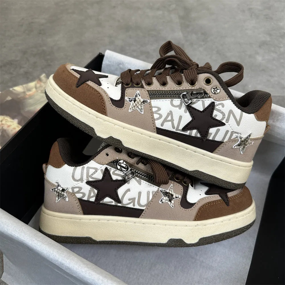 Brown candy colour low-top sneakers for women with artificial PU upper and rubber sole, round toe, lace-up closure