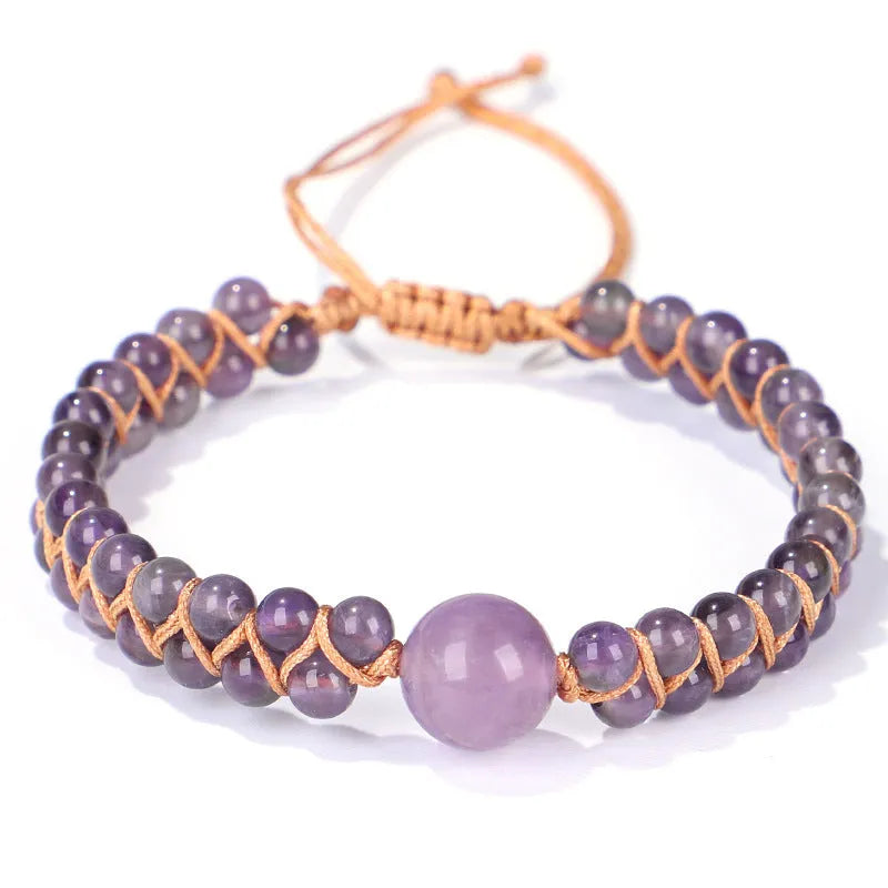Handmade woven geometric pull bracelet in blue Tigereye or Amethyst stone beads for casual unisex wear.