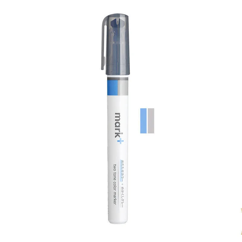 Mark+ series highlighter pen in six pastel colours showing green, grey blue, grey pink, yellow, pink, and grey yellow.