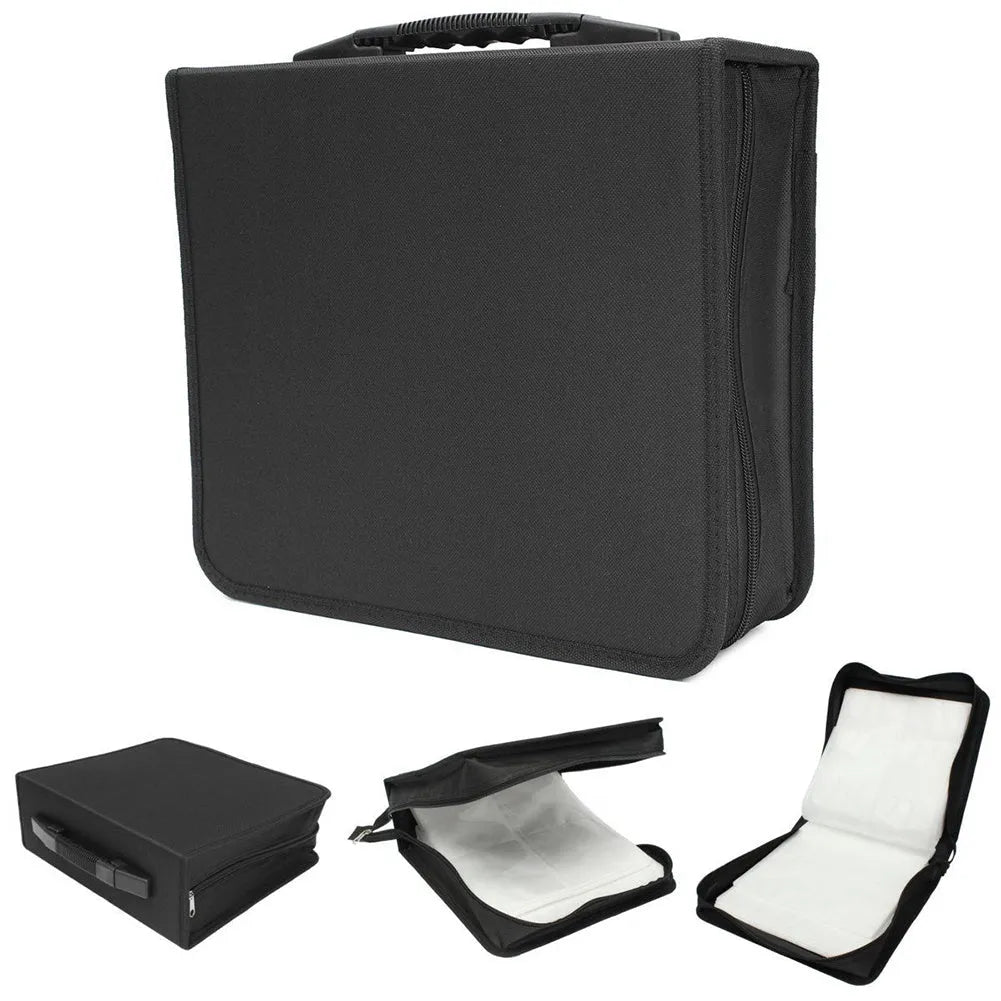 Black Oxford fabric CD storage binder with zipper closure and carrying strap
