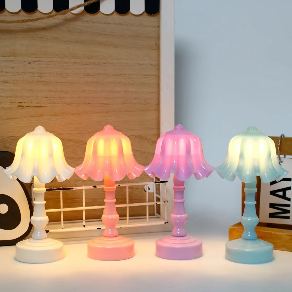 Battery-powered decorative table lamp with LED light, white pleated shade