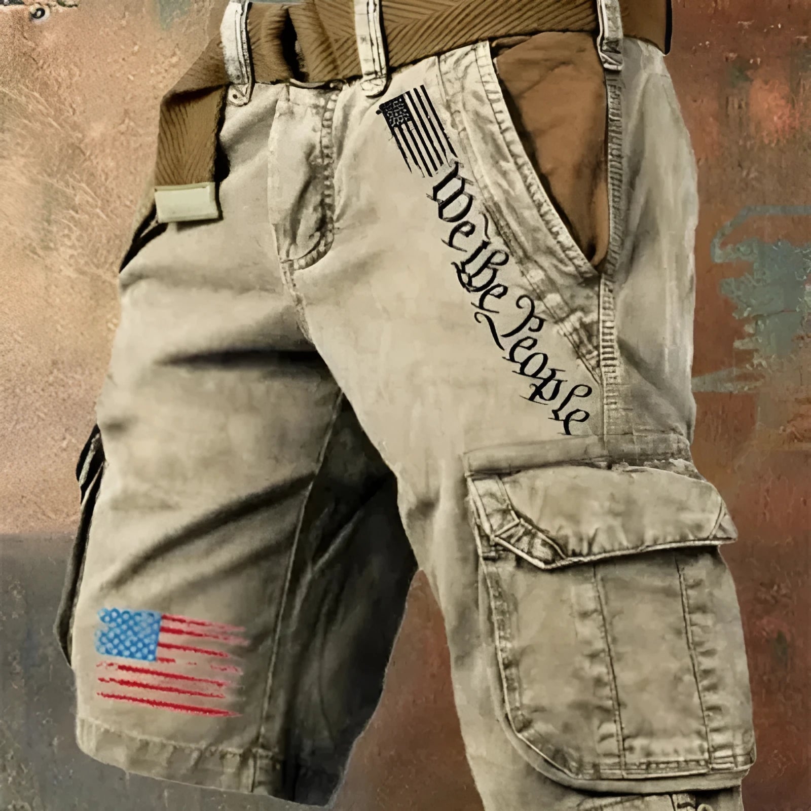 Men's khaki casual trousers with multiple pockets, loose fit, and fifth pants length