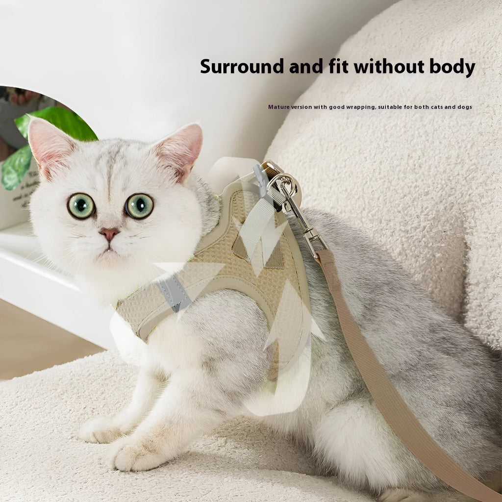 Brown waffle-textured cat harness with chest strap and lead on wooden floor