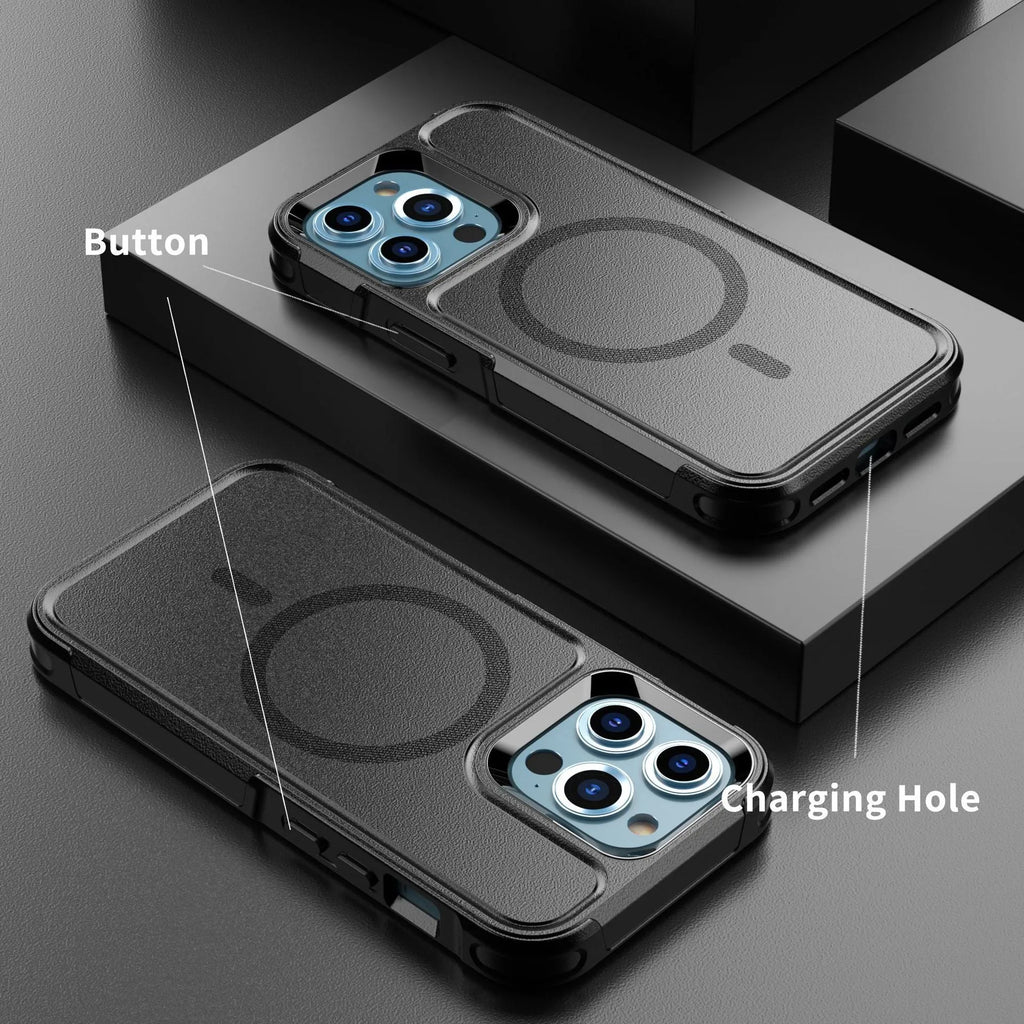 Black shatterproof magnetic back cover phone case for Apple iPhone 12 and iPhone 13 models.