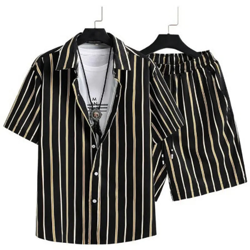Men's casual digital print short sleeve shirt and matching shorts set on a hanger