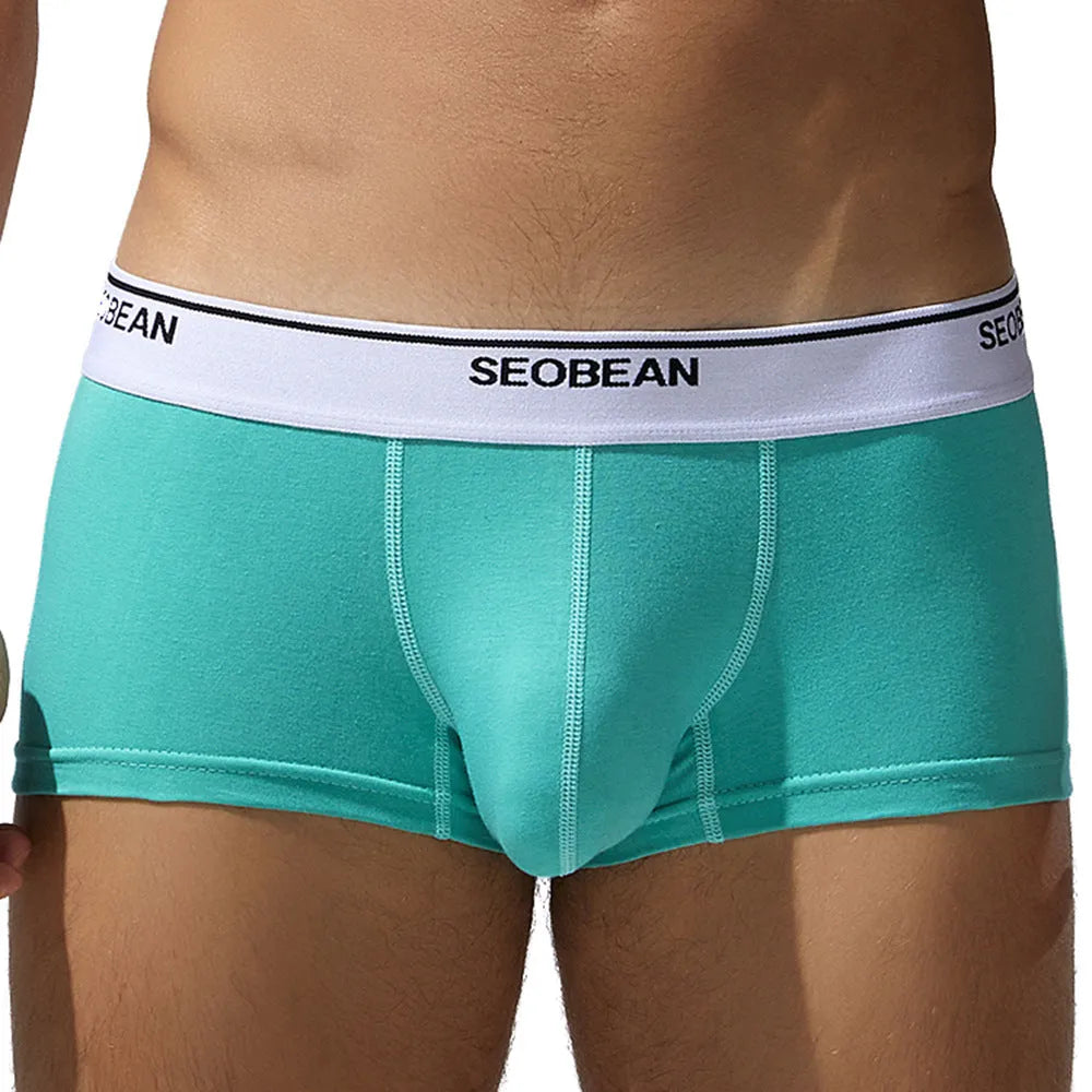 Men's cotton low waist boxer shorts in solid colours on a white background.