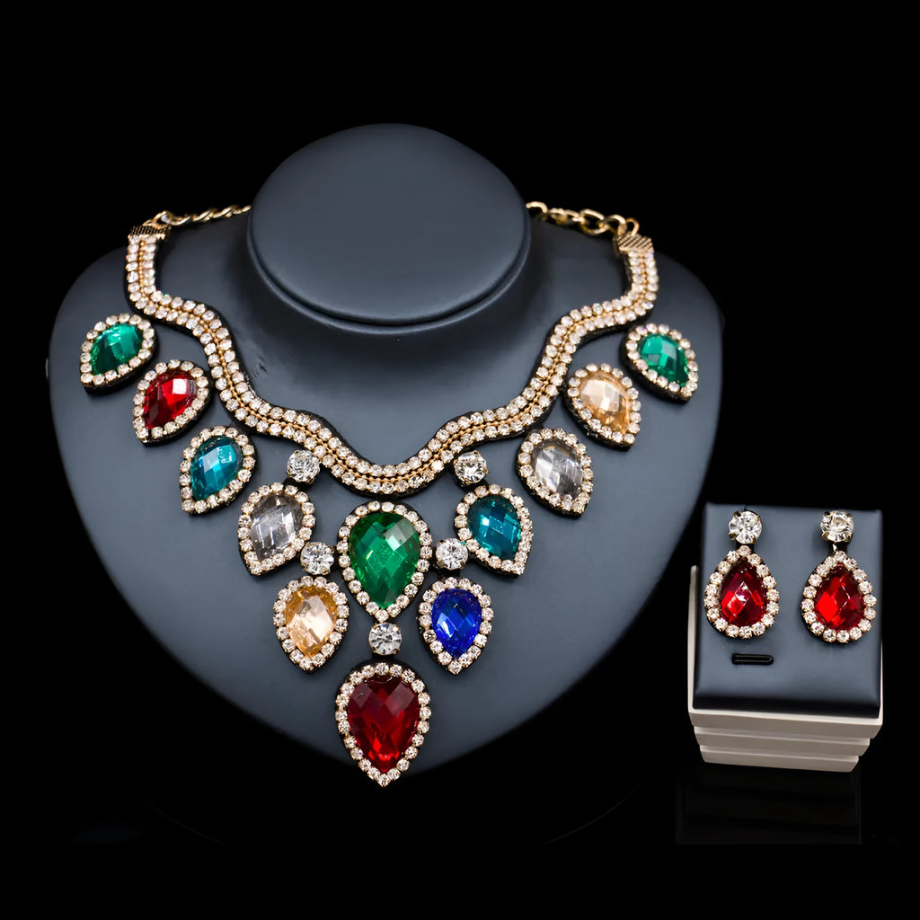 Colourful exaggerated bride necklace and earring set with gold accents for wedding