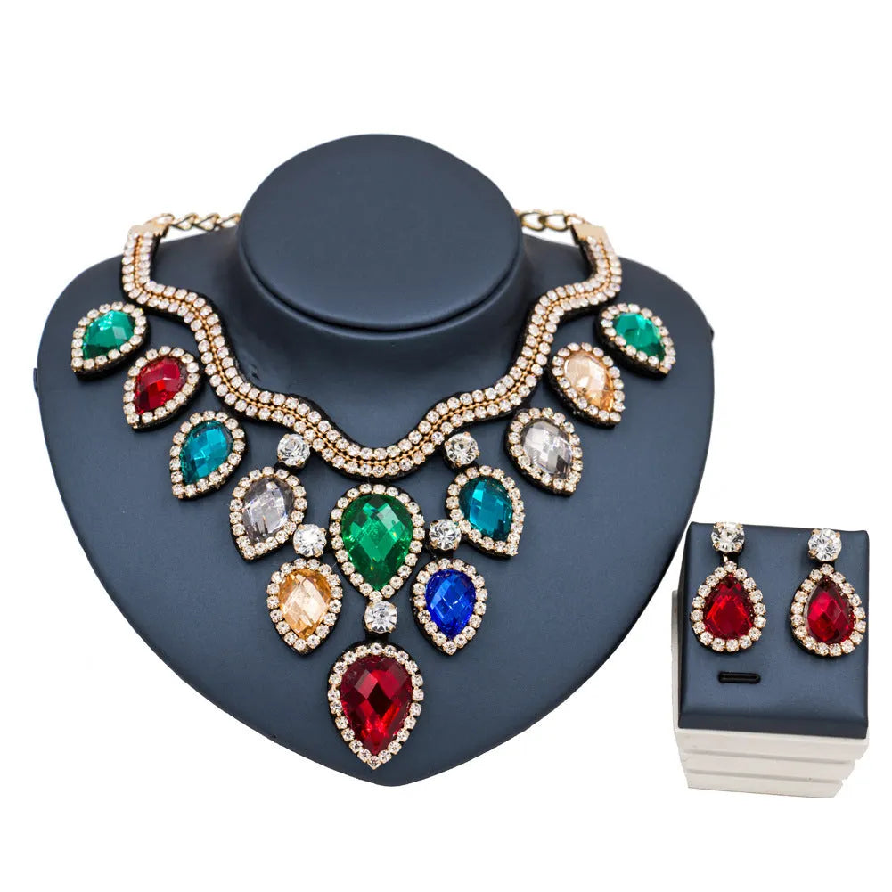 Colourful exaggerated bride necklace and earring set with gold accents for wedding