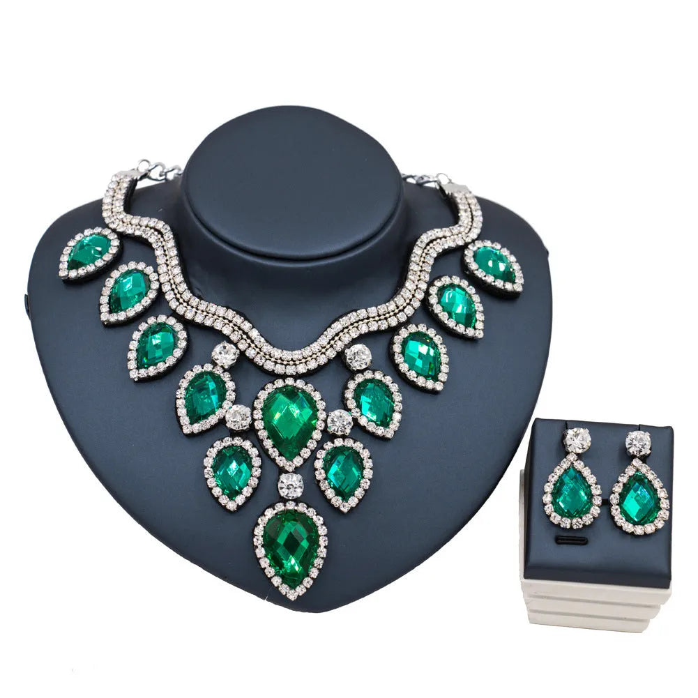 Colourful exaggerated bride necklace and earring set with gold accents for wedding