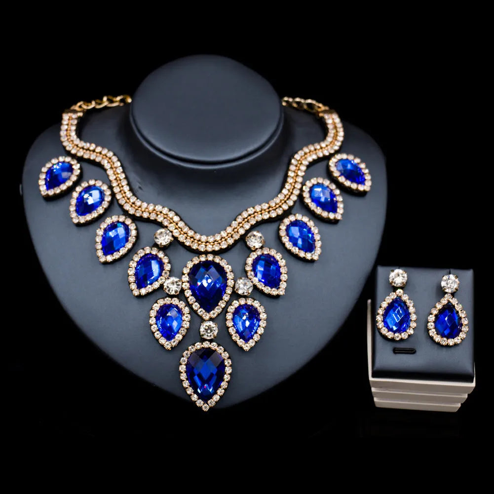 Colourful exaggerated bride necklace and earring set with gold accents for wedding