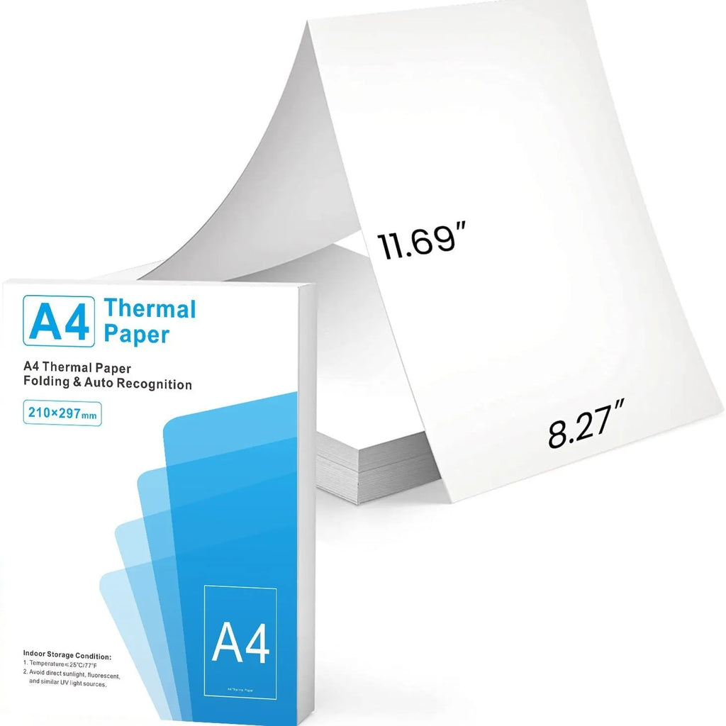 White A4 quick-drying three-proof thermal paper 210x297mm for portable printers, 100 or 200 sheets folding format