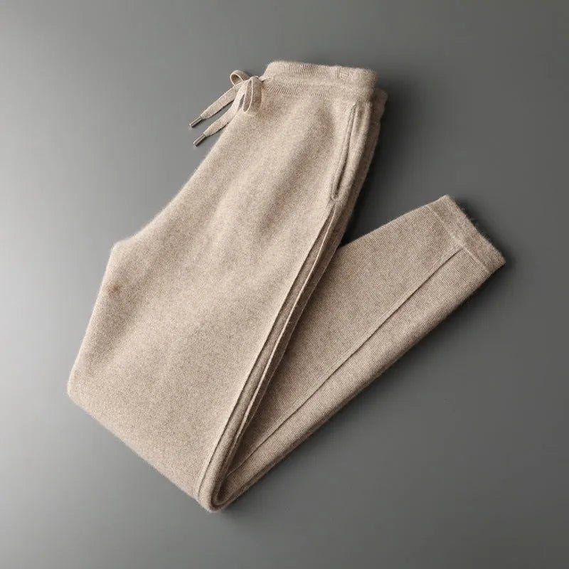 Four flat split thickening casual trousers in cashmere blend, camel colour, mid waist straight leg