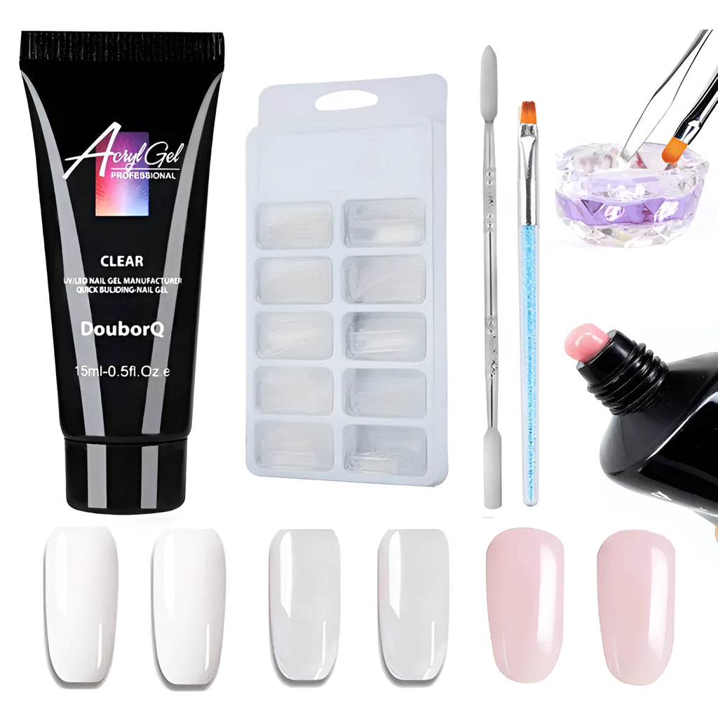 DIY resin gel nail art kit with sponge applicator, brushes, and decorative stickers in clear, white, and pink shades