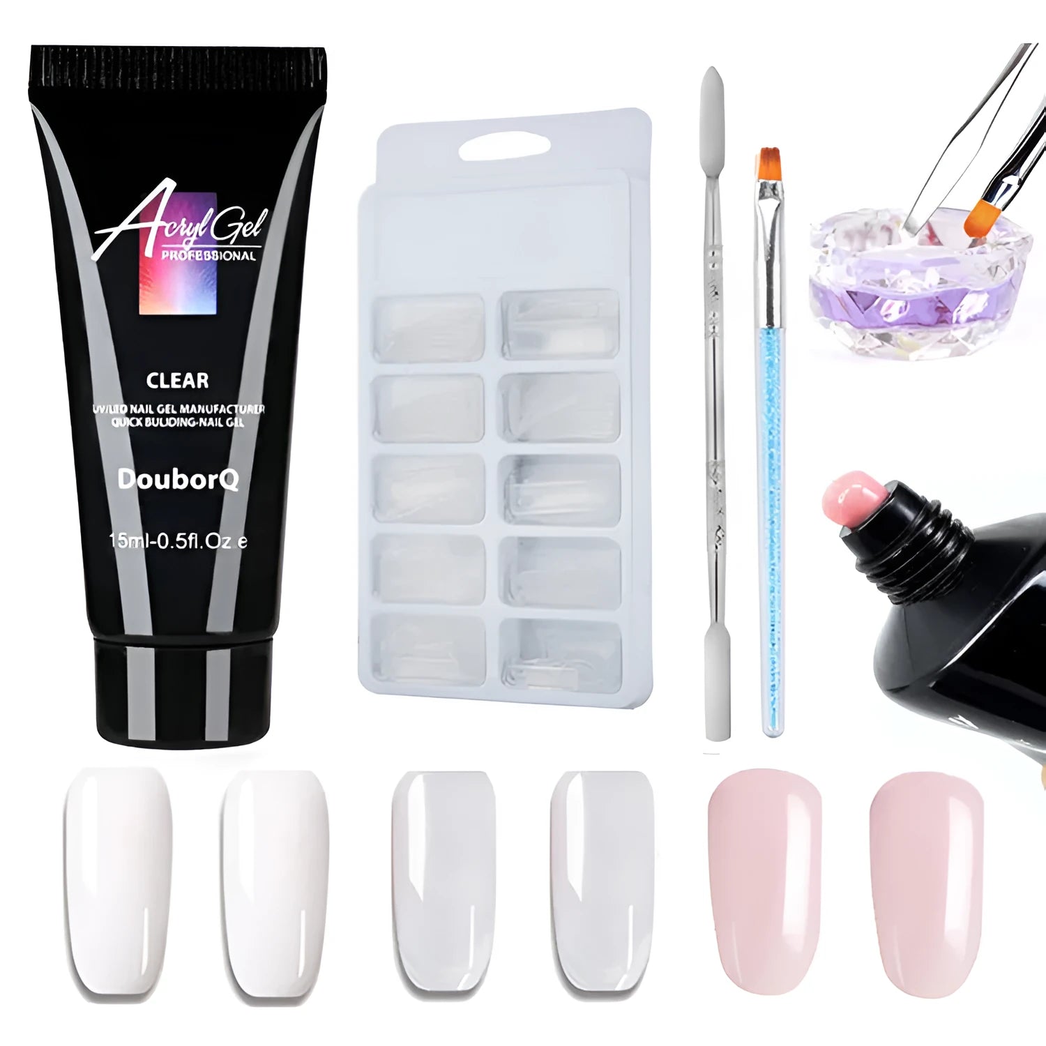 DIY resin gel nail art kit with sponge applicator, brushes, and decorative stickers in clear, white, and pink shades