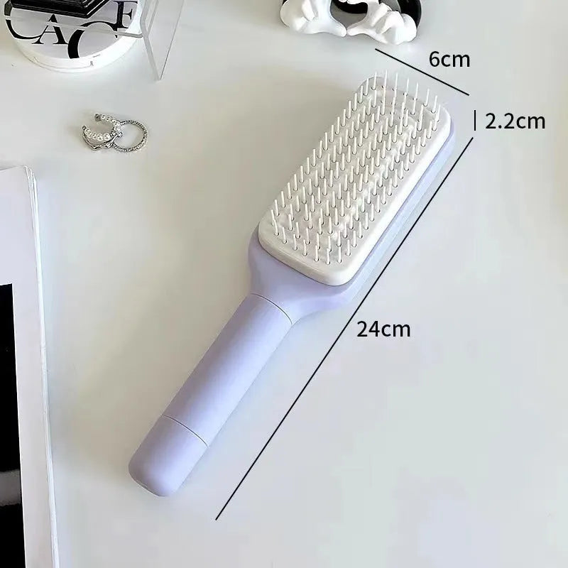 Roland purple self-cleaning hairbrush with rotating handle and anti-static massage teeth