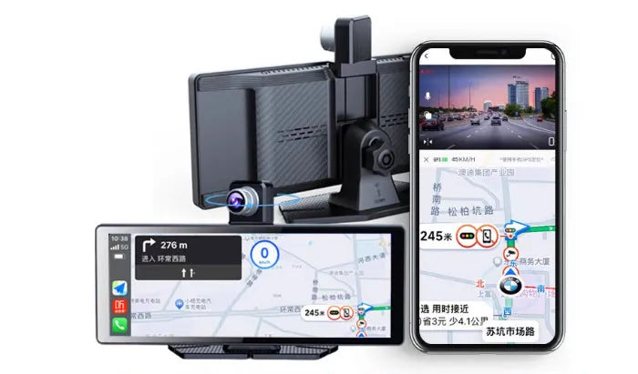 360° panoramic dash cam with 4MP touchscreen for front and rear dual recording in a car