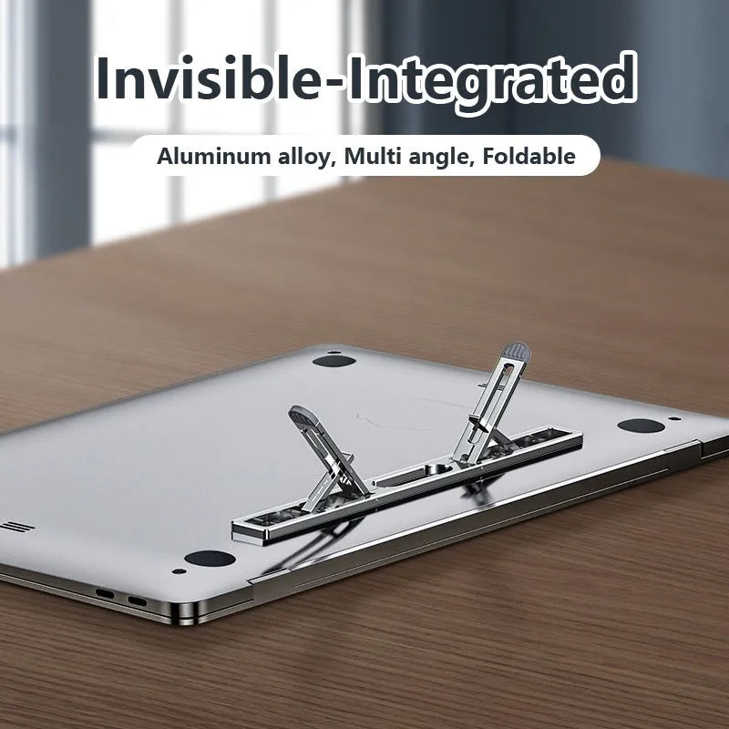 Aluminium adjustable laptop cooling bracket in silver or grey on desktop