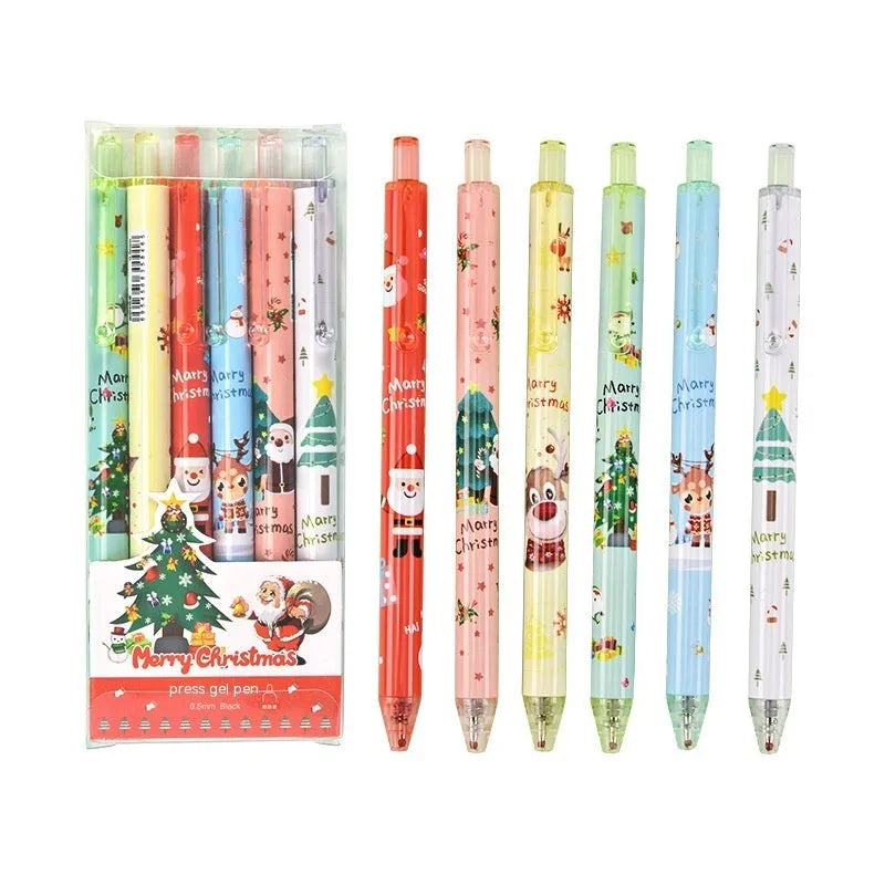 Christmas cartoon-themed plastic signature pen set with six black ink cartridge refills