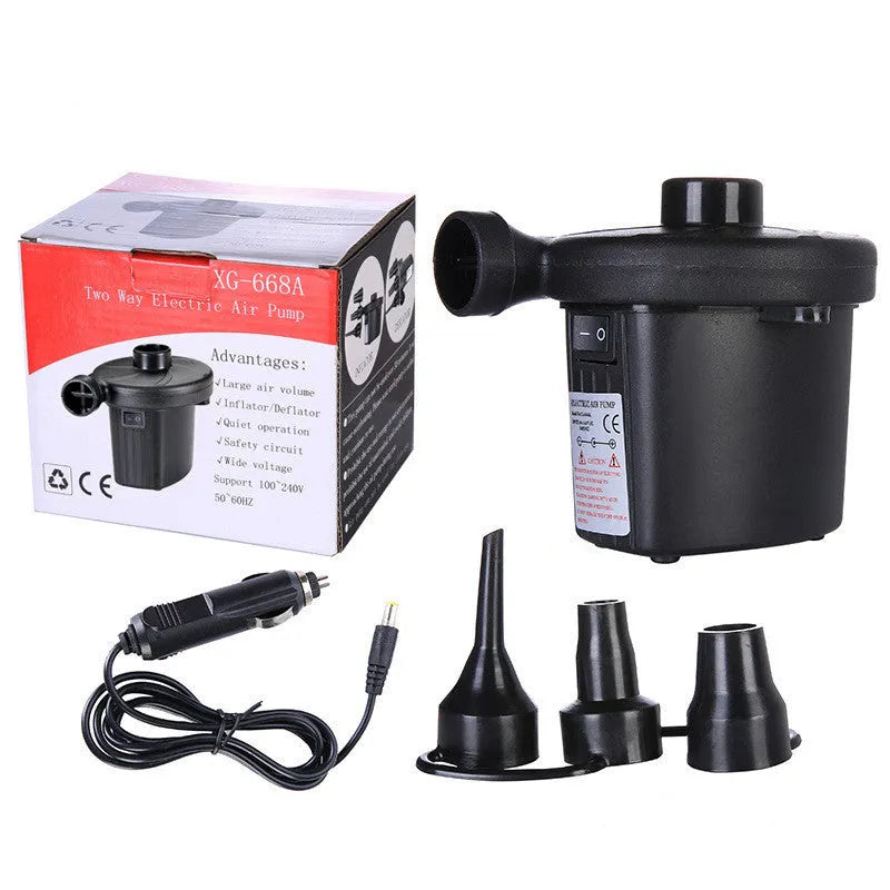 Household electric car air pump dual-use inflator with plastic body, 1m power cord, and 8cm tube on a white background