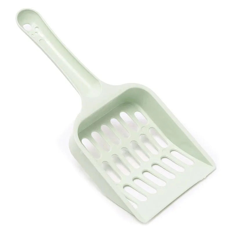 Plastic cat litter scoop in blue, green, or pink colours showing 20cm length